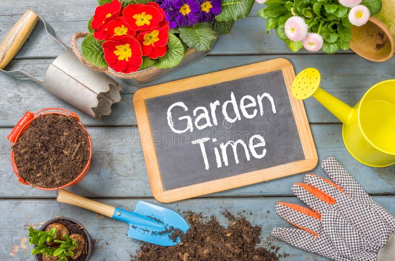 Blackboard with garden tools - Garden Time