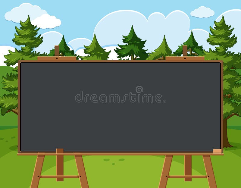 Blackboard Template Design with Pine Trees in the Forest Background