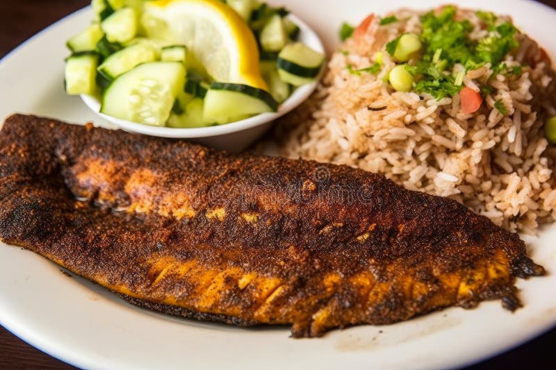 Blackened Catfish with a Side of Dirty Rice and a Refreshing Cucumber Salad Stock Illustration