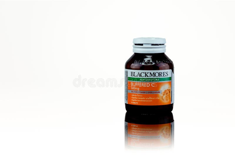 Blackmores buffered C 500 mg. Vitamin C tablets in amber bottle isolated on white background. Manufactured by Blackmores LTD NSW