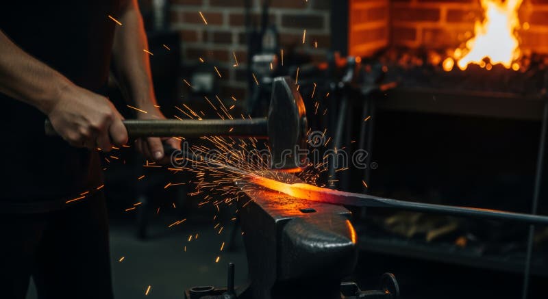 A blacksmith in a contemporary forge hammering hot metal royalty free stock photography