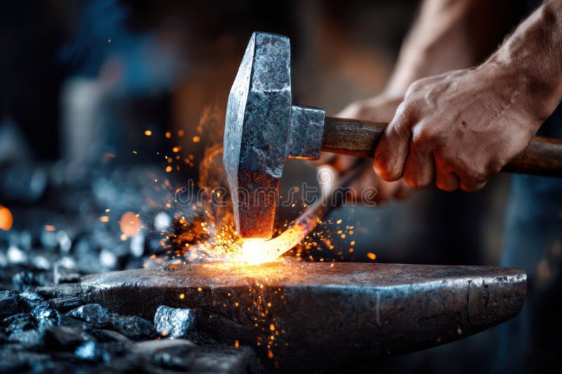 Blacksmith forging a glowing piece of metal in a workshop during the daytime royalty free stock image