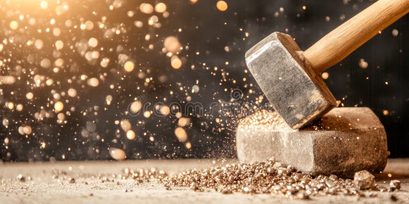 A blacksmith hammers hot metal on an anvil, sparks flying as the metal shapes under the force. The workshop is royalty free stock photos