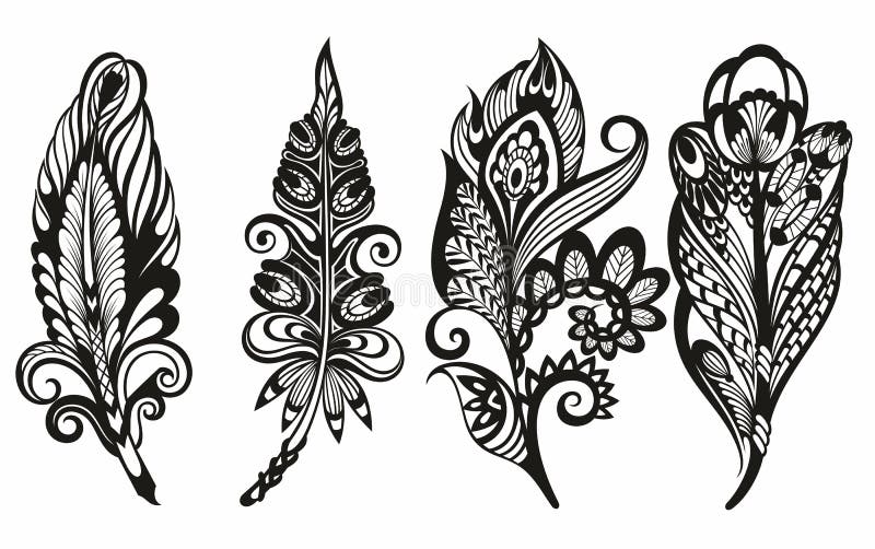 Blackwork Tattoo Set of Various Feather Illustration Design, Black Blackwork Tattoo Set of Various Feather Illustration Design, Black