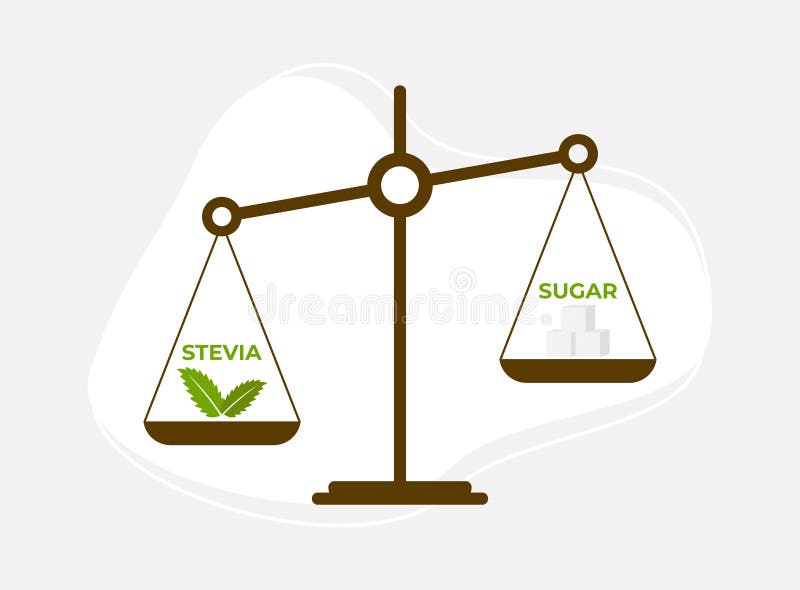 Blad och sockerbitar av stevia på skalor. valbegrepp. illustration av flata vektorer vektor illustrationer