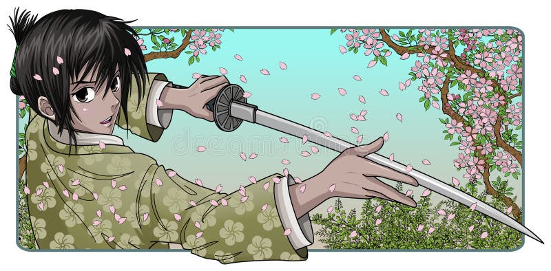 Proud samurai holding blade infront of a sakura nature background. Proud samurai holding blade infront of a sakura nature background