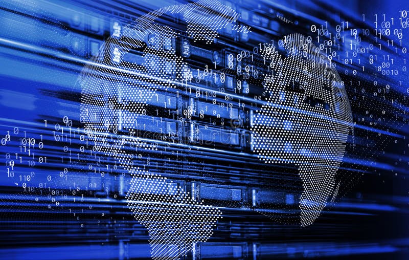 Blade server in rack cluster hard drives storage tapes in internet data center room motion binary and dots globe royalty free illustration Blade server in rack cluster hard drives storage tapes in internet data center room motion binary and dots globe royalty free illustration