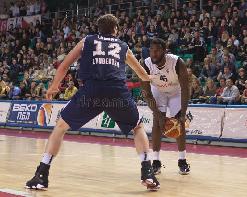 SAMARA, RUSSIA - OCTOBER 11: Blair De Juan Lamont of BC Krasnye Krylia, with ball, is on the attack during a BC Triumph game on October 11, 2010 in Samara, Russia.