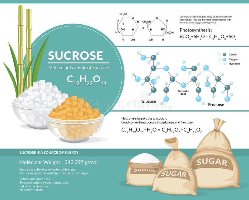 Blanc et cubes en sucre roux dans des cuvettes Formule chimique et modèle structurels de sucrose illustration libre de droits Blanc et cubes en sucre roux dans des cuvettes Formule chimique et modèle structurels de sucrose illustration libre de droits