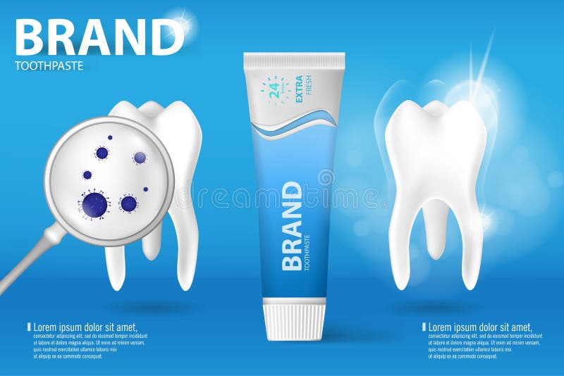 Blanchiment de l'annonce de pâte dentifrice Dent propre et sale réaliste sur le fond bleu, processus de dégagement de dent avec l