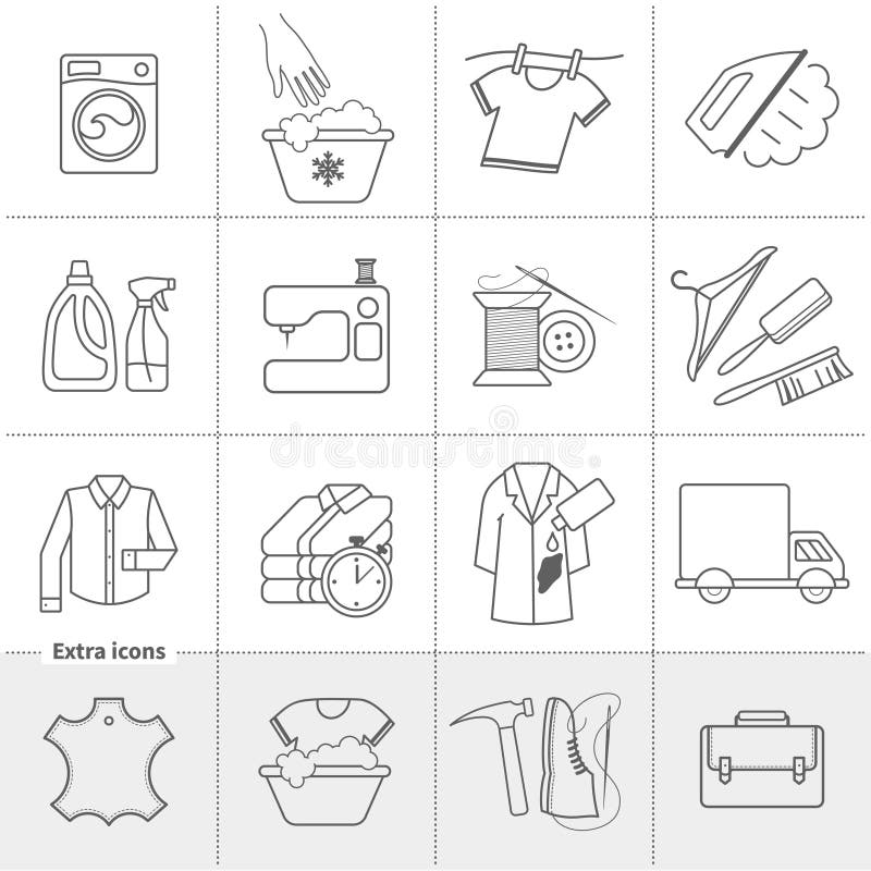 Blanchisserie de nettoyage à sec et labels linéaires de lavage d'icônes de vecteur de service de tissu, logos illustration de vecteur Blanchisserie de nettoyage à sec et labels linéaires de lavage d'icônes de vecteur de service de tissu, logos illustration de vecteur