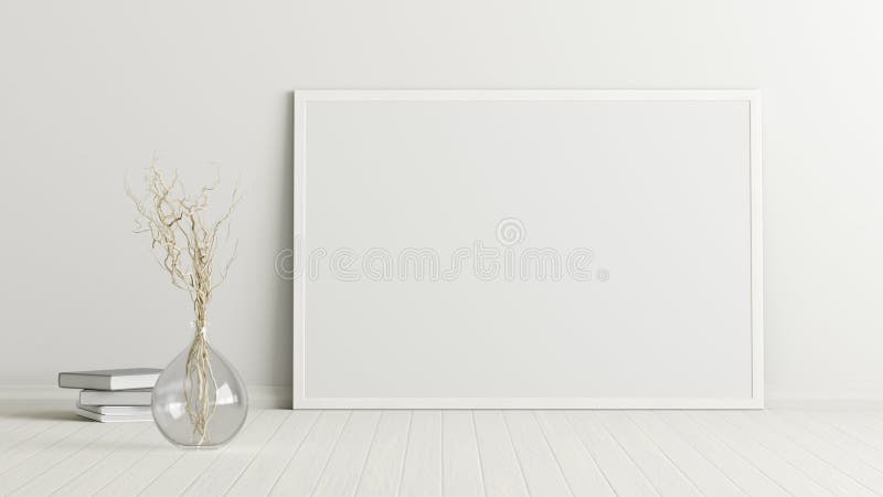 Blanco horizontale posterframe, opstaand op witte vloer naast witte wand met vaas en boeken. uitknippad rond poster.