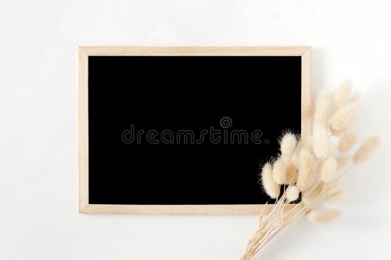 Blank wooden chalk board with natural dried hare`s tail grass bouquet on white background. Top view image. Feminine styled stock photography for blog posts and social media content. Blank wooden chalk board with natural dried hare`s tail grass bouquet on white background. Top view image. Feminine styled stock photography for blog posts and social media content.