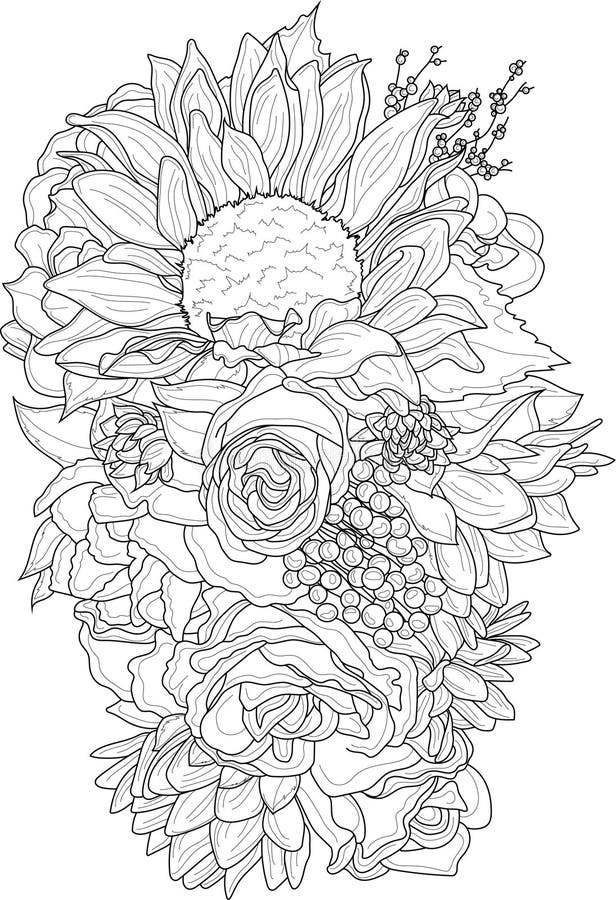 Blanda blommor bouquet med rosor och solrosskiss. vektorillustration i svartvitt. royaltyfri illustrationer