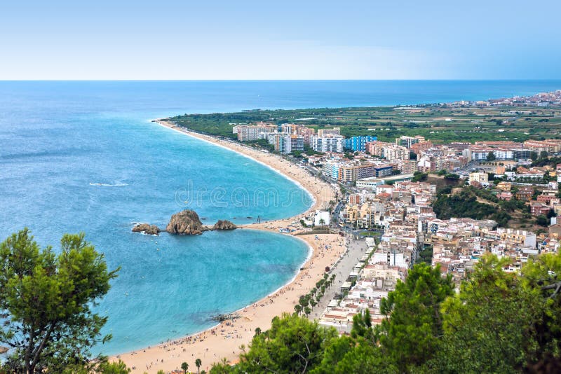 Blanes beach and Sa Palomera rock, Spain stock image