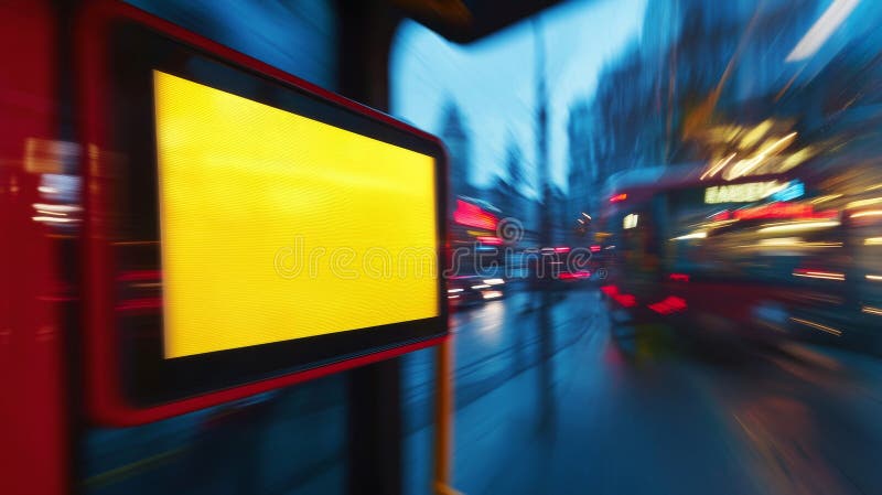 A blank advertisement screen on a tram is set against a backdrop of a blurry city, highlighting transit ads stock images