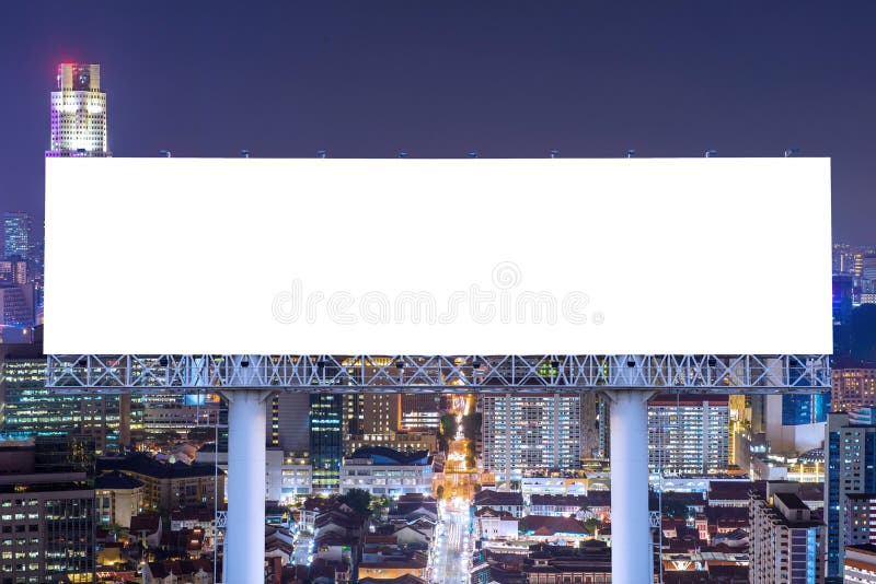 Blank billboard for advertisement in city downtown at night. Object, empty.