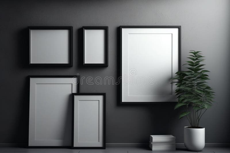 Blank Black Frames on Grey Wall in Living Room. Template for Design