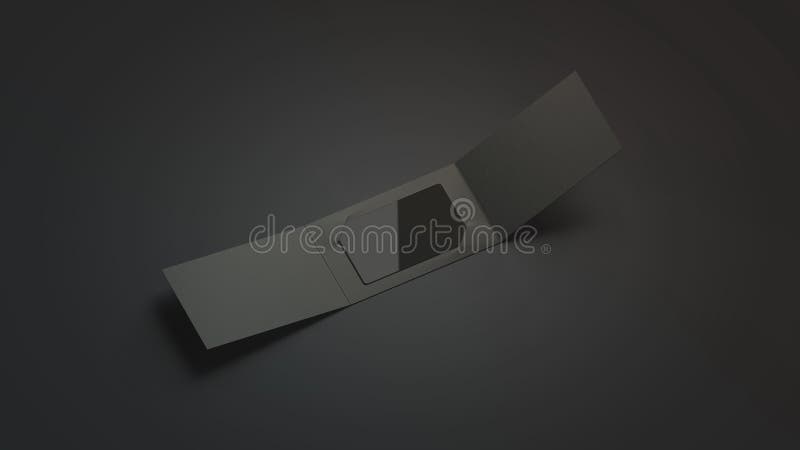 Blank black plastic card mockup inside opened paper booklet holder