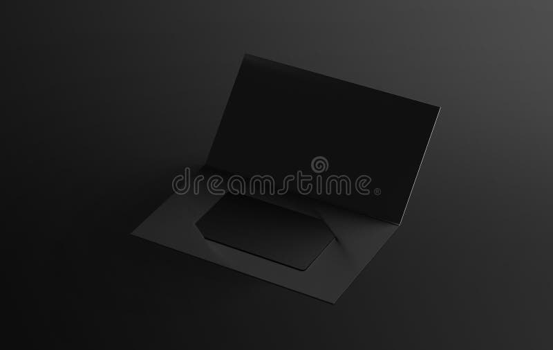 Blank black plastic card mockup inside paper booklet holder