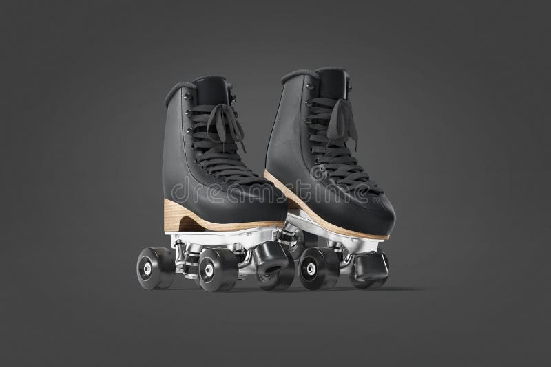 Blank black roller skates mockup pair on tiptoe, dark background
