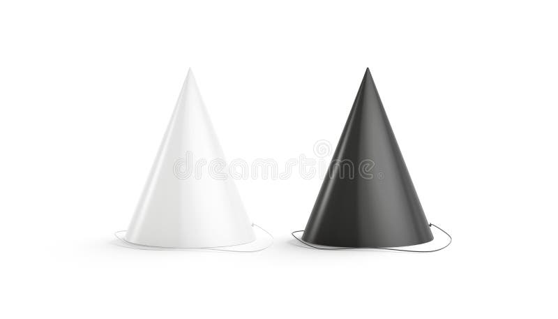 Blank black and white party hat mockup set, isolated, 3d rendering. Empty taper head mock up, front view. Clear feast-day headwear for halloween or christmas template.