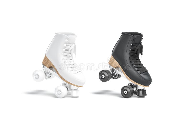 Blank black and white roller skates mockup stand on tiptoe