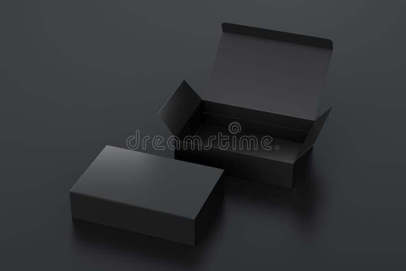 Blank black wide flat box with open and closed hinged flap lid on black background. vector illustration