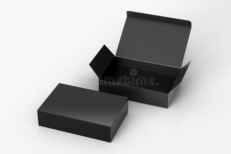 Blank black wide flat box with open and closed hinged flap lid on white background. royalty free illustration