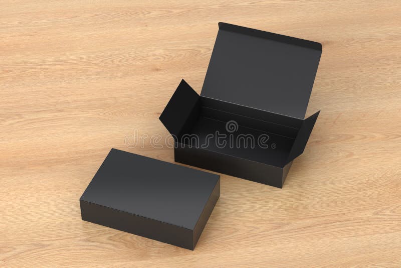 Blank black wide flat box with open and closed hinged flap lid on wooden background. vector illustration