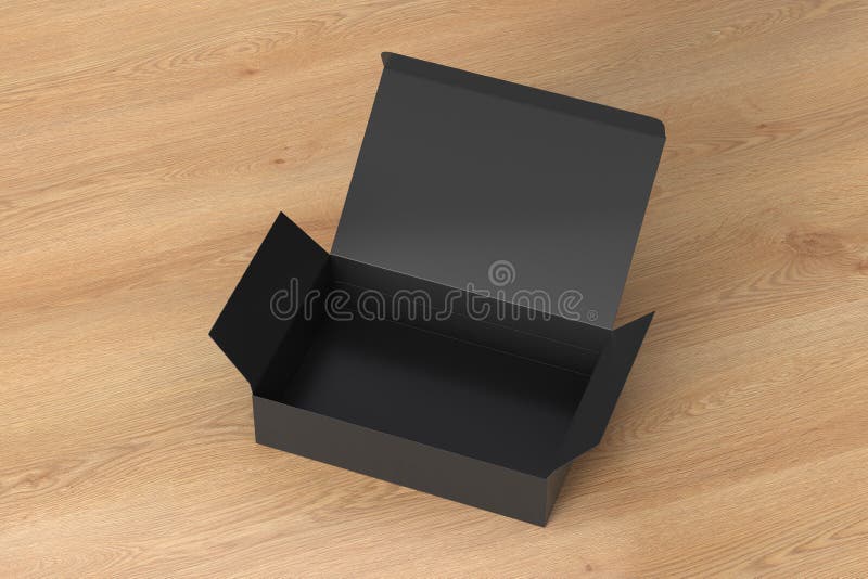 Blank black wide flat box with opened hinged flap lid on wooden background. stock illustration
