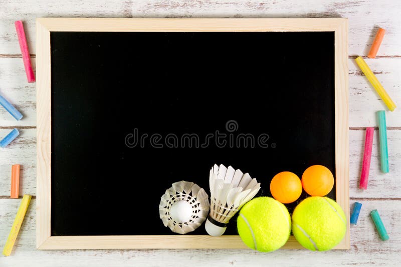 Blank blackboard, Shuttlecock, Ping pong ball and Tennis ball on stock images