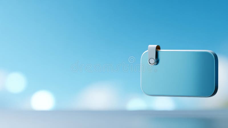 Blank blue rectangular price tag hanging against a soft blue background with bokeh light effects and minimalistic composition royalty free stock images