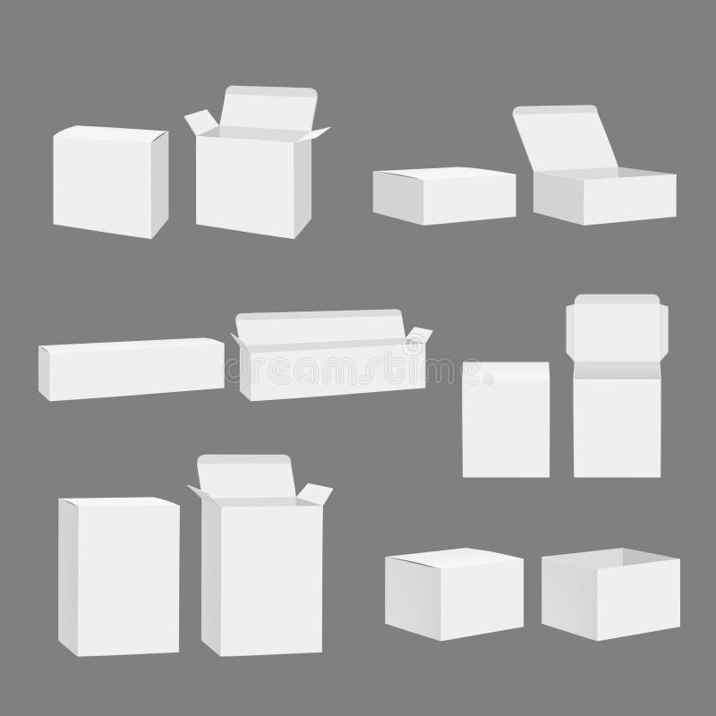 Blank boxes. Open closed cardboard white gift packages storage mockup vector realistic template isolated vector illustration