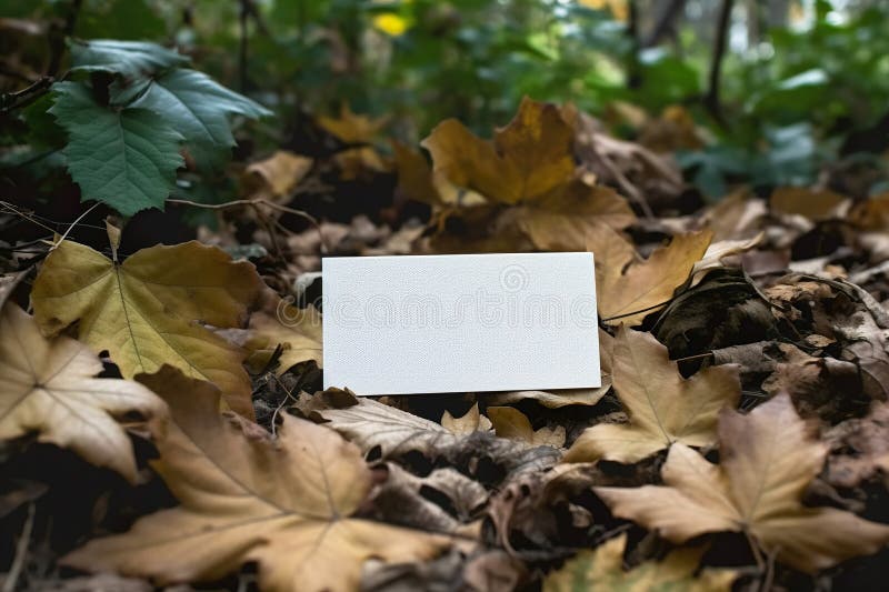 Blank business card on brown leaves background. Flat lay royalty free illustration