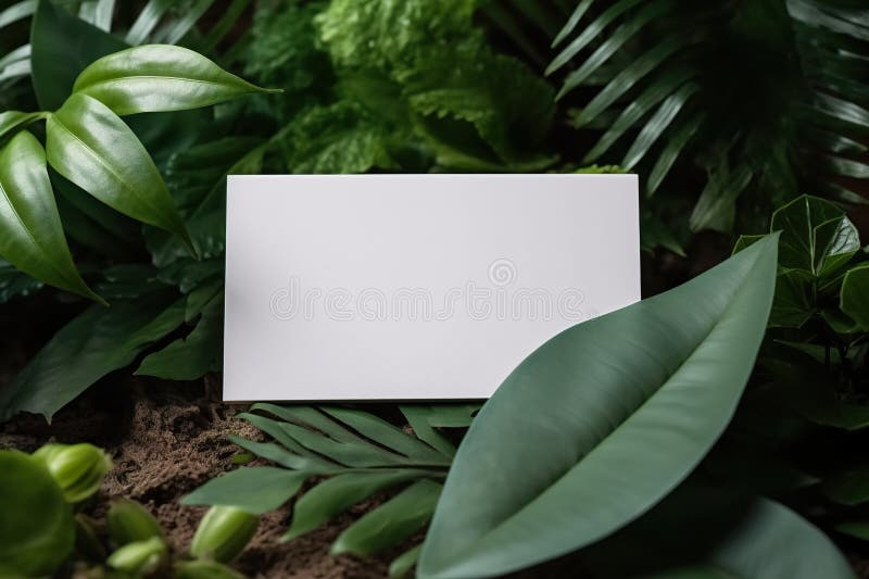 Blank business card on green leaves background stock illustration