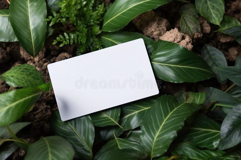Blank business card on green leaves background. Flat lay stock illustration