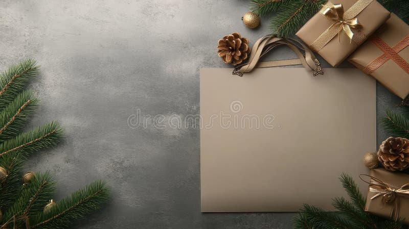 A blank canvas tote bag is placed next to pine tree branches on a grey concrete background, creating a minimalist and stock photo