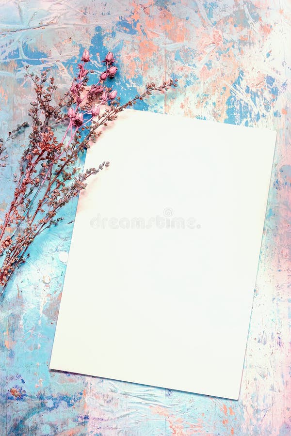 Blank Card And Dried Flowers On Old Painted Wooden Backgroun stock image Blank Card And Dried Flowers On Old Painted Wooden Backgroun stock image