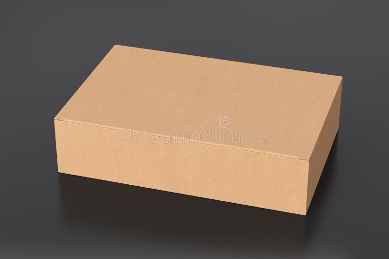 Blank cardboard wide flat box with closed hinged flap lid on black background. stock illustration