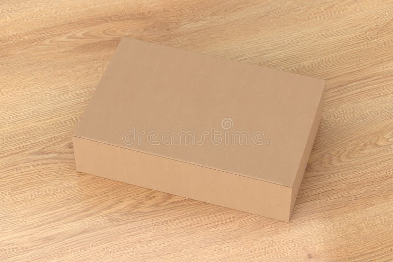 Blank cardboard wide flat box with closed hinged flap lid on wooden background. Clipping path around box mock up vector illustration