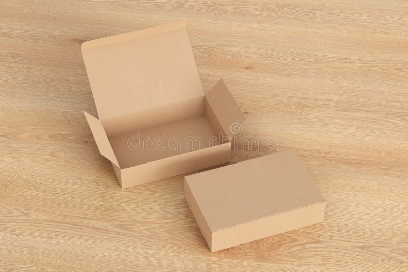 Blank cardboard wide flat box with open and closed hinged flap lid on wooden background. royalty free illustration