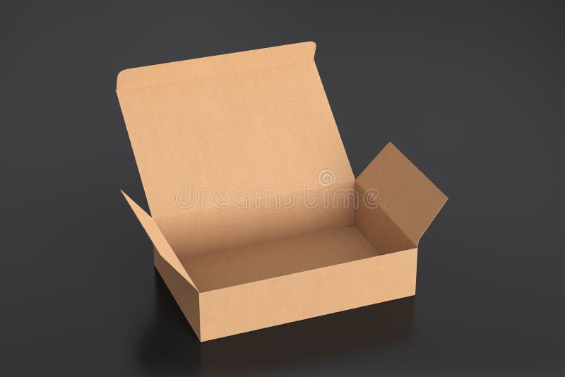 Blank cardboard wide flat box with opened hinged flap lid on black background. Clipping path around box mock up. royalty free illustration