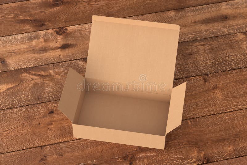 Blank cardboard wide flat box with opened hinged flap lid on dark wooden background. stock illustration