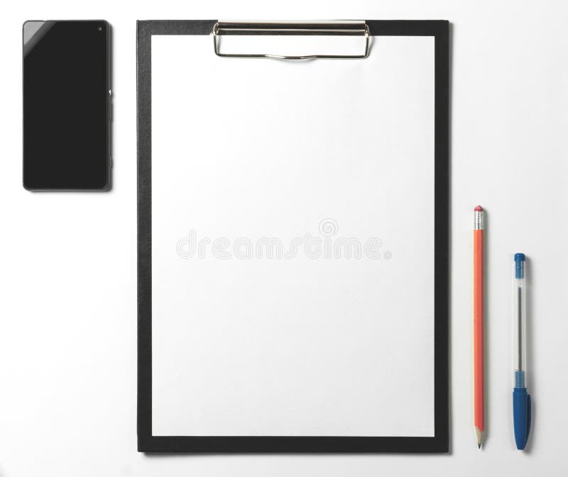 Blank clipboard, smartphone, pen and pencil on white background. royalty free stock photos Blank clipboard, smartphone, pen and pencil on white background. royalty free stock photos