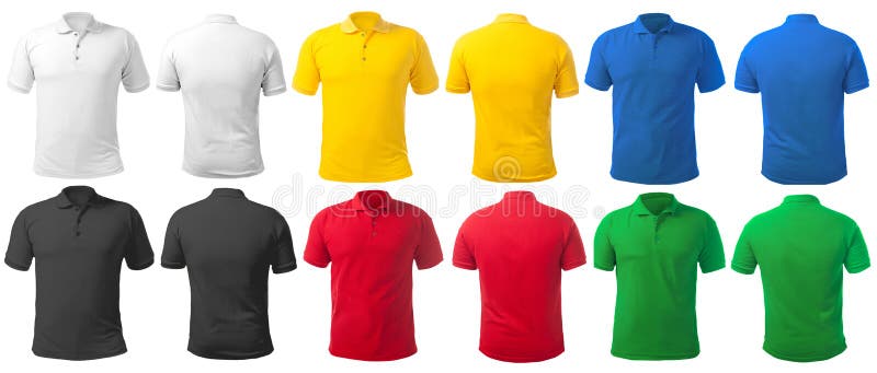Blank collared shirt mock up template, front and back view, isolated on white, plain t-shirt mockup in many color. Polo tee design presentation for print. Blank collared shirt mock up template, front and back view, isolated on white, plain t-shirt mockup in many color. Polo tee design presentation for print