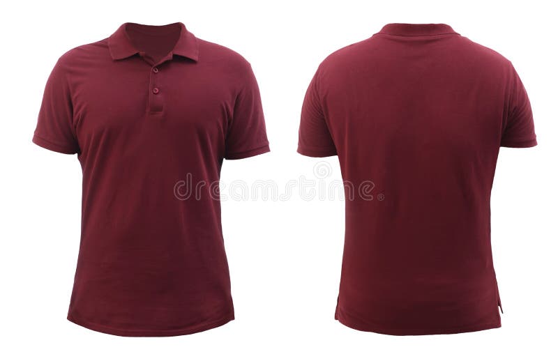 Blank collared shirt mock up template, front and back view, plain maroon red t-shirt isolated on white. Polo tee design mockup