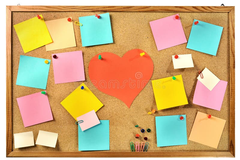 Blank colorful paper notes , office supplies and red paper heart on cork message board.