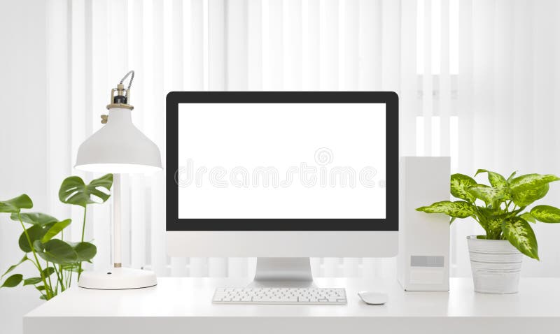 Blank Computer Screen Copy Space in Modern White Office Environment