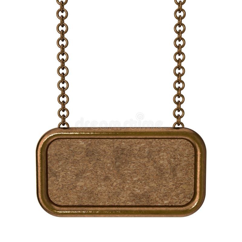 Blank cork signboard with metallic border hanging on chain. royalty free illustration